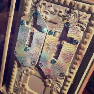 Cross Cut Out Rhinestone Faux Leather Earrings